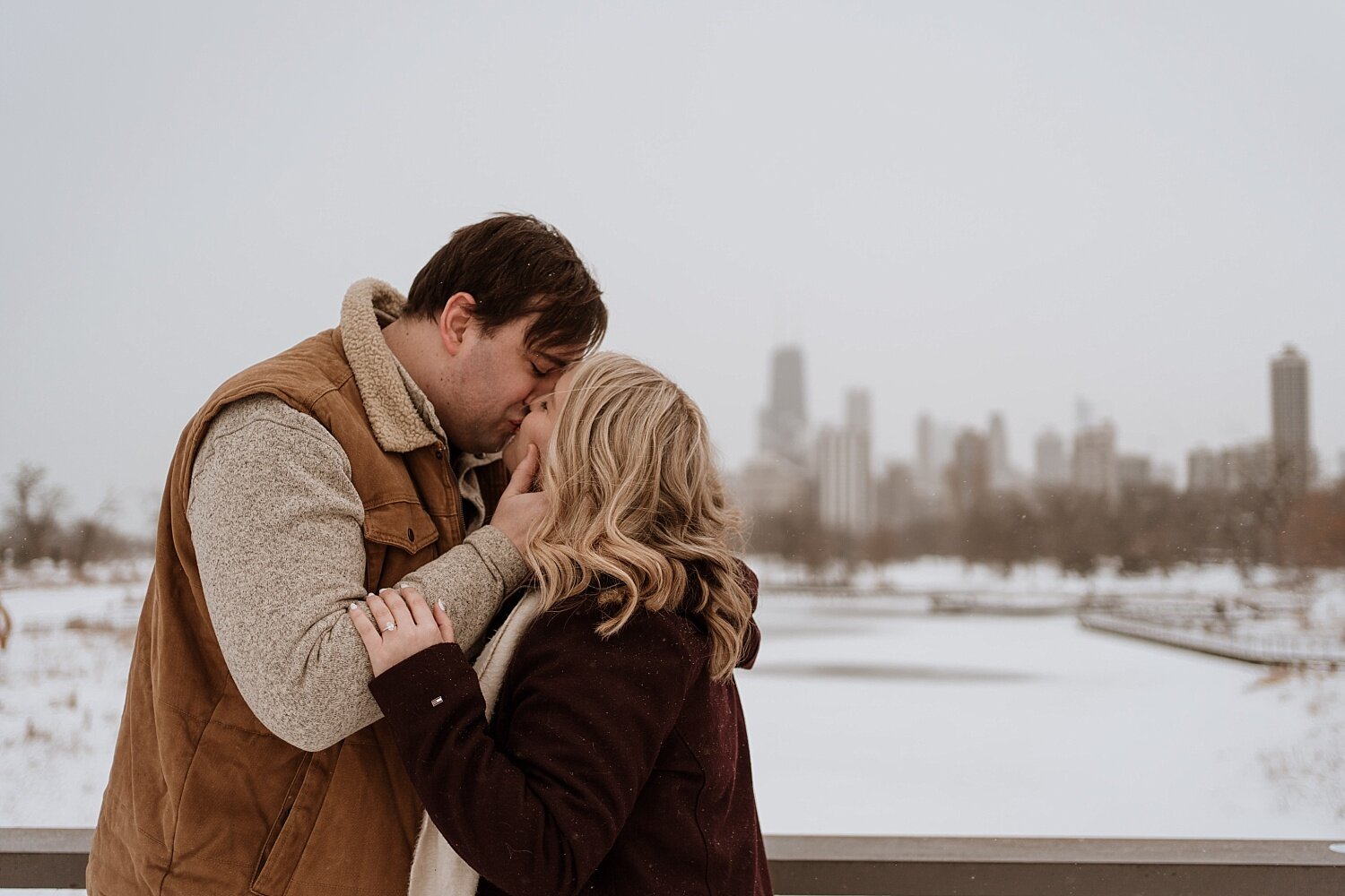 Tom proposed to Courtney at Montrose Harbor on Halloween, 2020. With the skyline in the background, both wanted to incorporate that in their professional engagement session. We initially planned to shoot at the Promontory Point, however, with the sn…