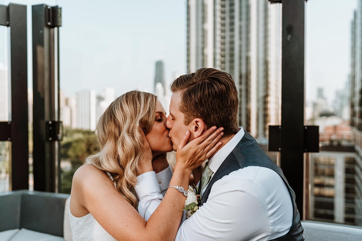 Bride and groom kiss at intimate Chicago elopement