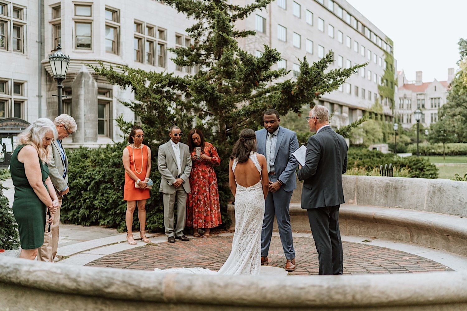 Birde, groom, and family at University of Chicago elopement ceremony