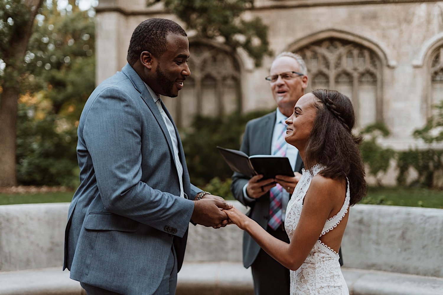 Bride and groom share vows at University of Chicago elopement ceremony