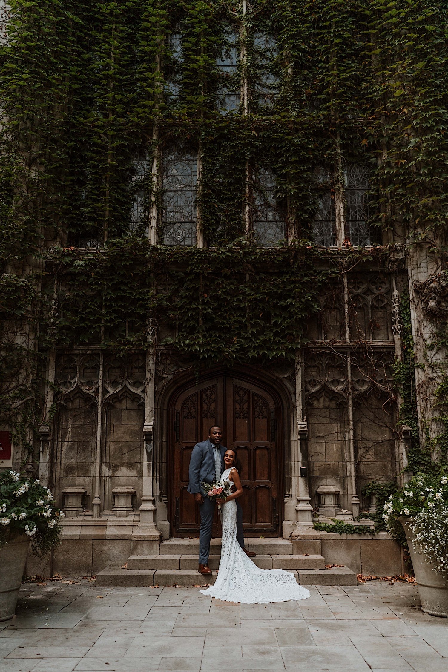 Bride and groom pose after University of Chicago elopement