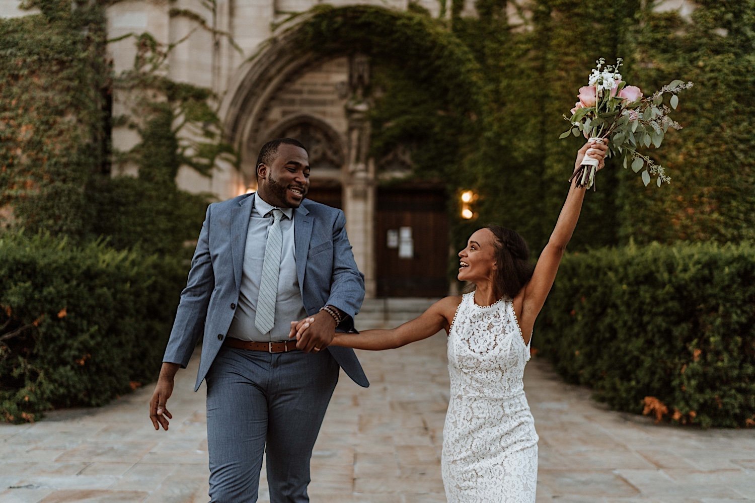Bride and groom celebrate after University of Chicago elopement
