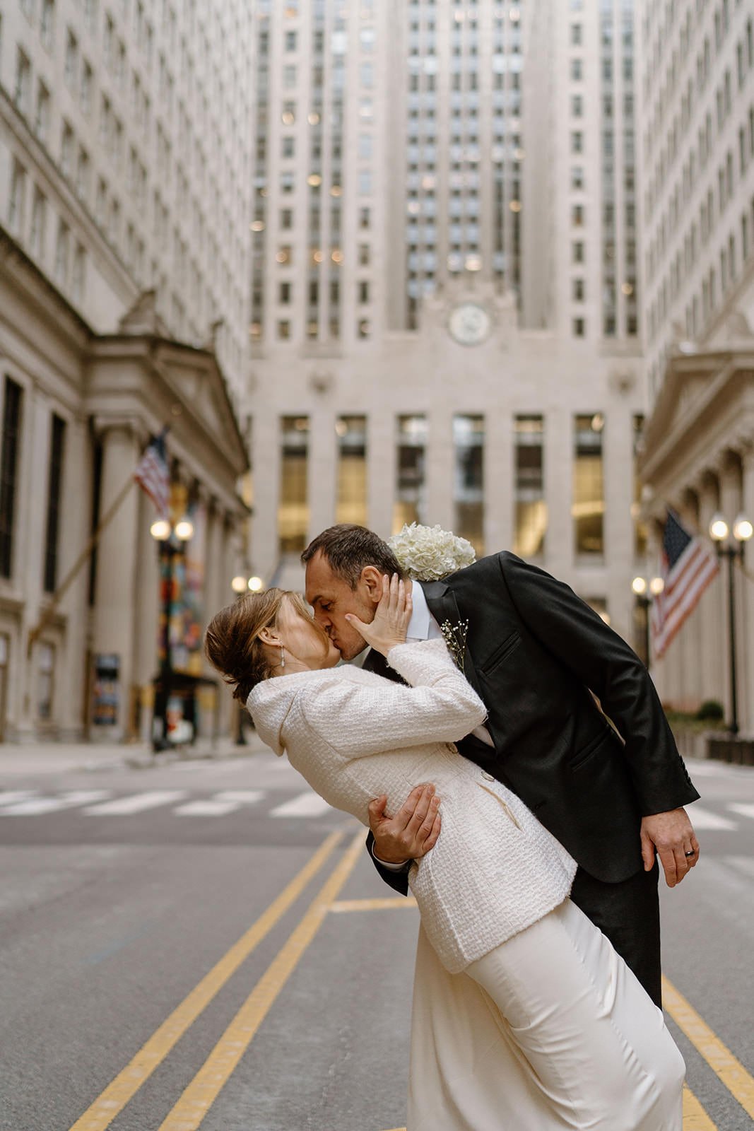 Wedding photos in front of the Chicago Board of Trade Building