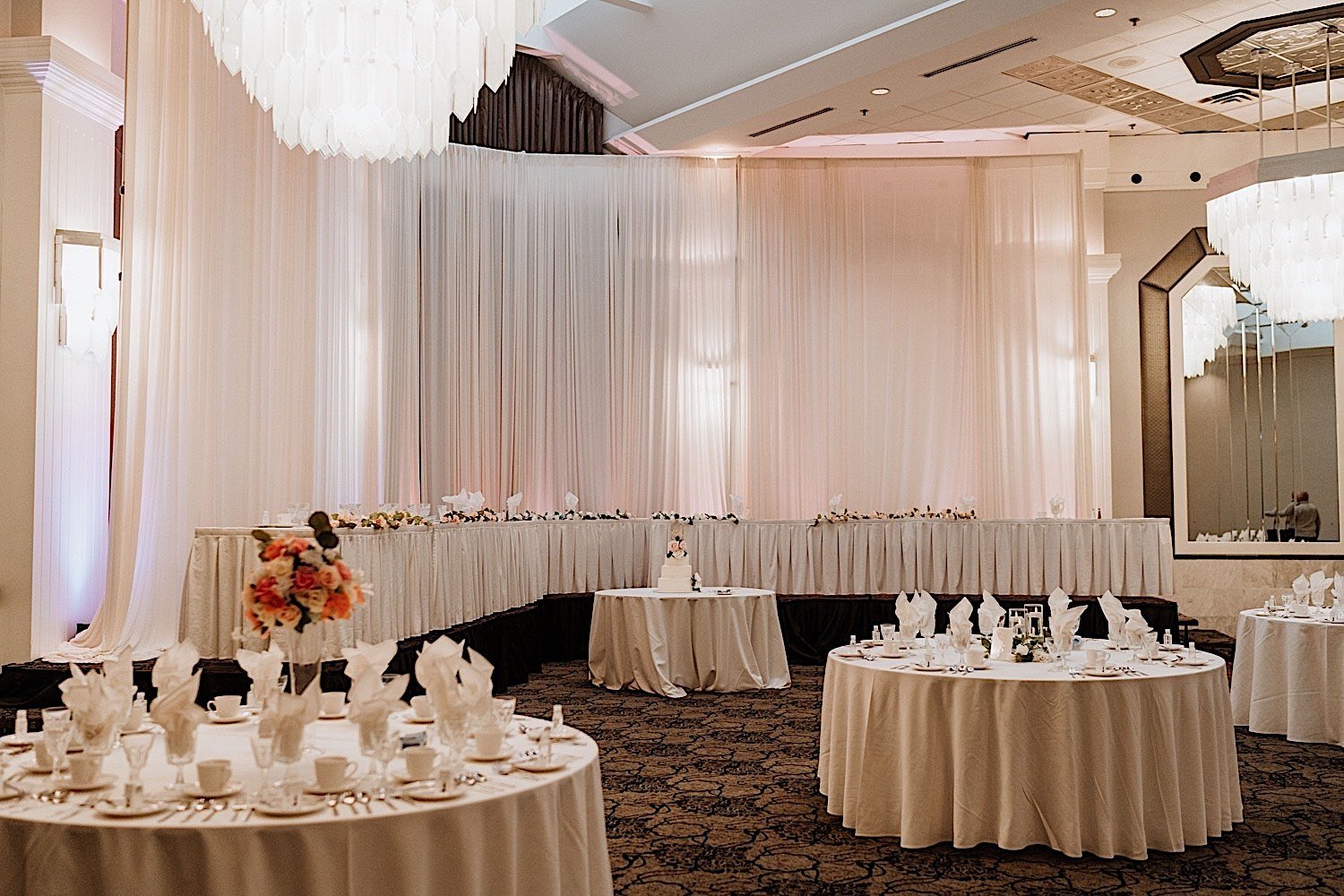 Chicagoland ballroom set up for a wedding reception with all white decorations