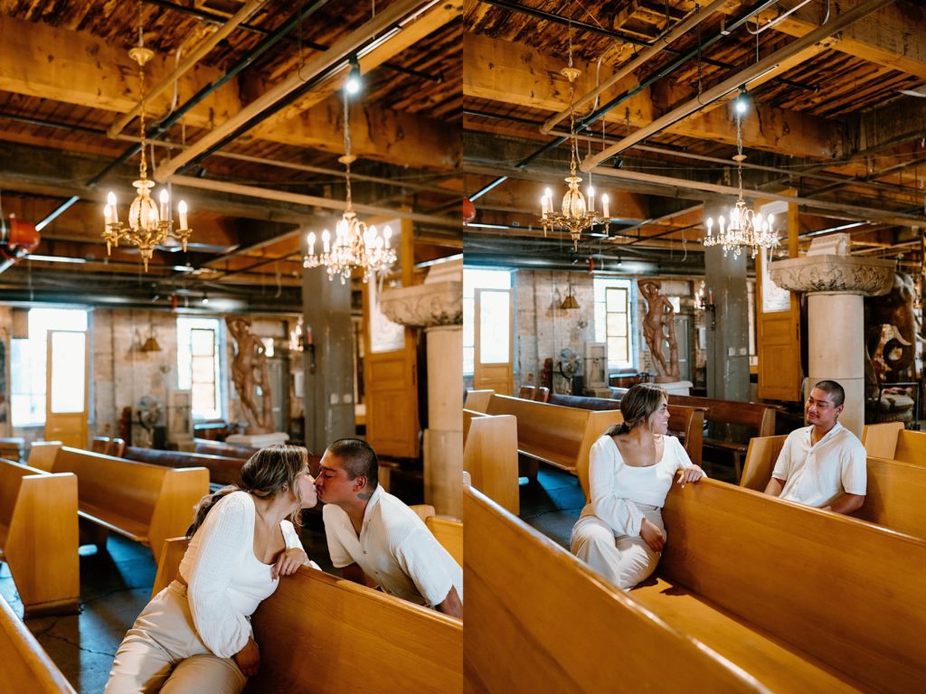 A couple sits on vintage wooden church pews in the ceremony space at Salvage One.  They kiss in one image and look at each other in the next.