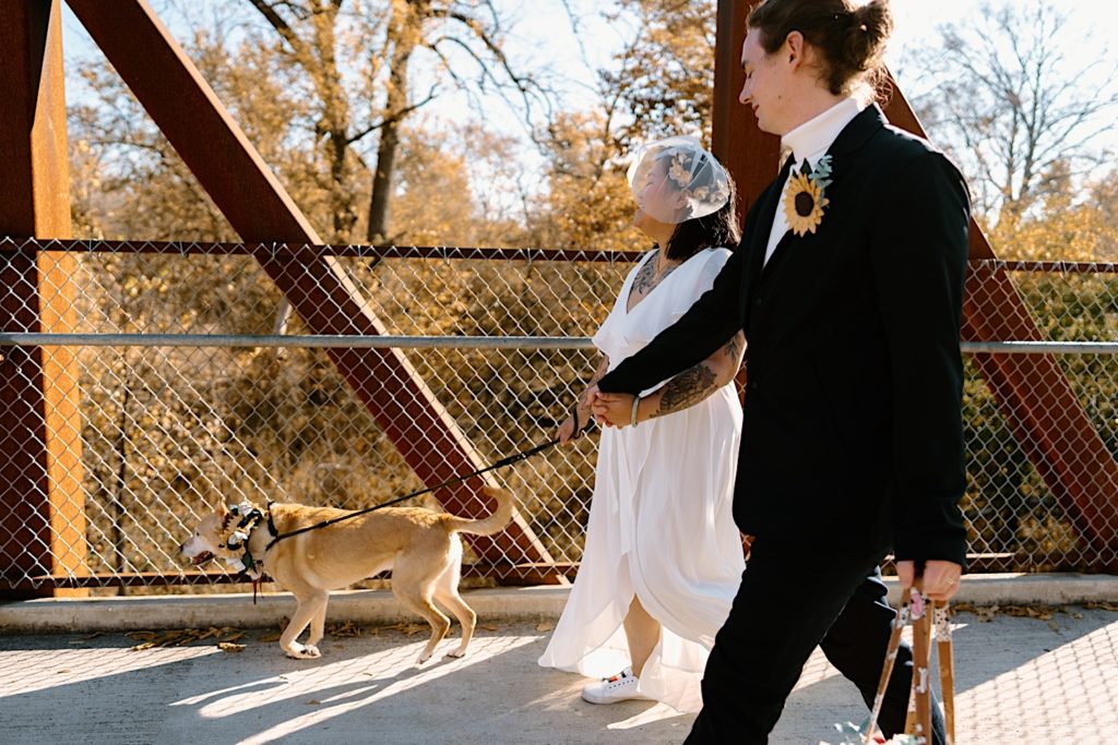 A bride and groom walk across a bridge in Chicago holding hands and walking their dog.