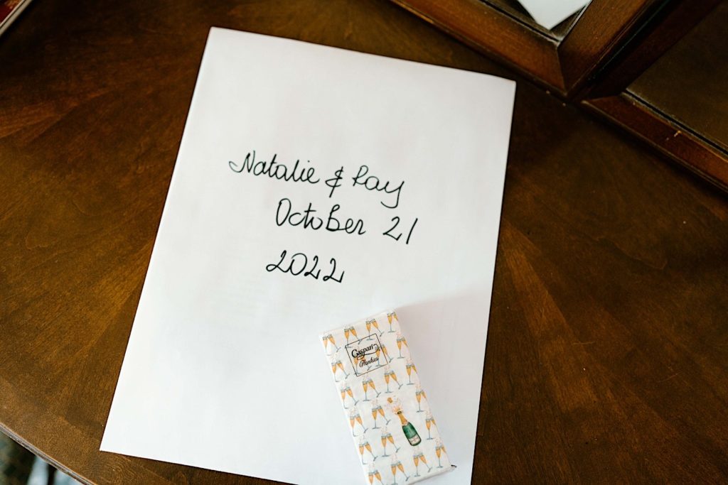 A note for the bride and groom on their elopement day at the Grove Redfield Estate.