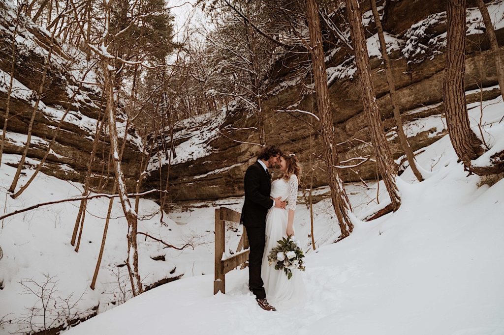 A bride and groom smile while overlooking a cliff at Starved Rock National Park.
