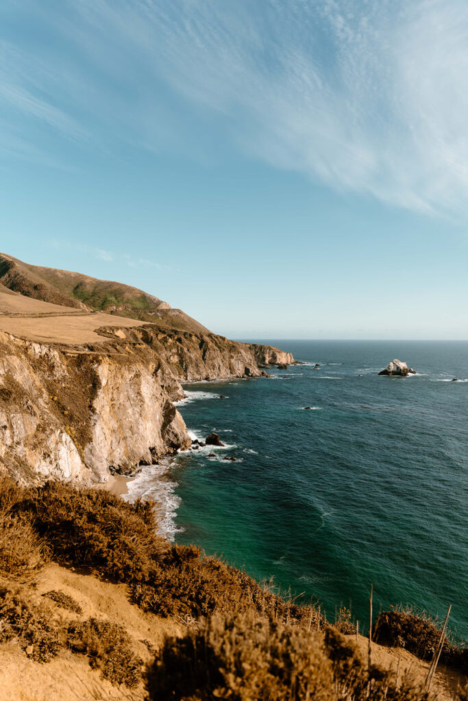 A view cliffs and water in Big Sur National Park.