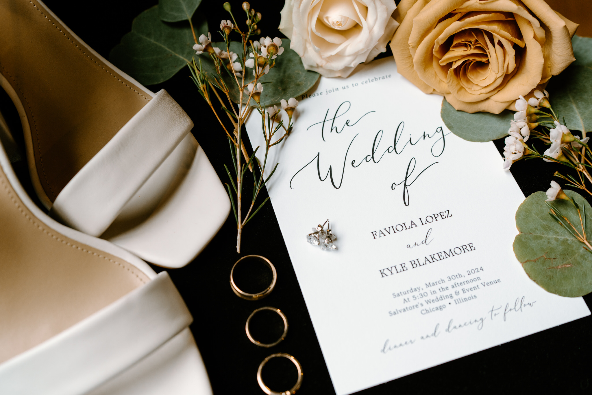 Wedding invitation flat lay with yellow rose