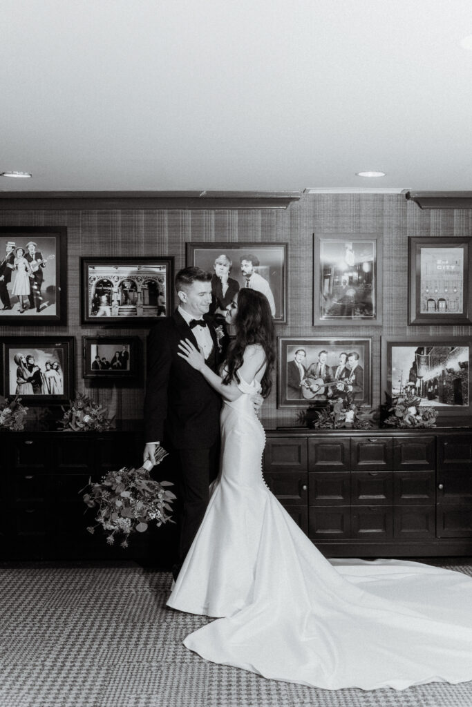 black and white photo of bride and groom